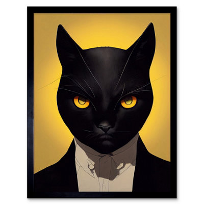 Artery8 Framed Wall Art Le Chat Noir Black Cat Tuxedo Yellow Portrait12X16 Inch from B&Q