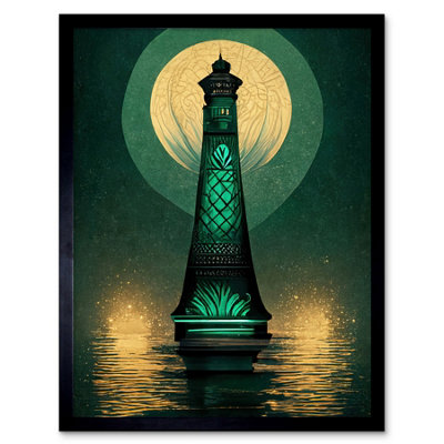 B&Q -  Art Deco Lighthouse Great Gatsby Moonlight Emerald Framed Wall Art Print