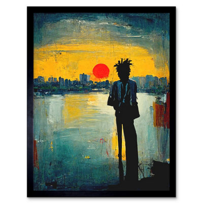 Artery8 Framed Wall Art Dramatic Sunset Silhouette City Skyline Lake Oil Painting12X16 Inch from B&Q