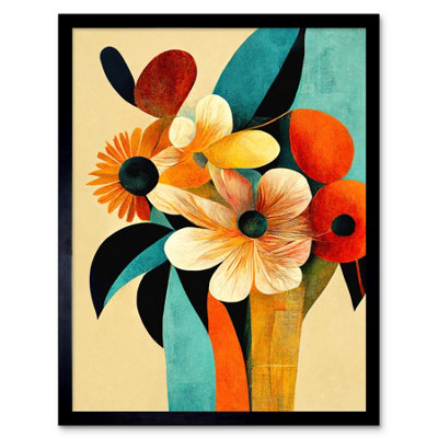 Artery8 Framed Wall Art Vibrant Modern Abstract Oil Painting Summer Flower Bouquet Teal Orange12X16 Inch from B&Q
