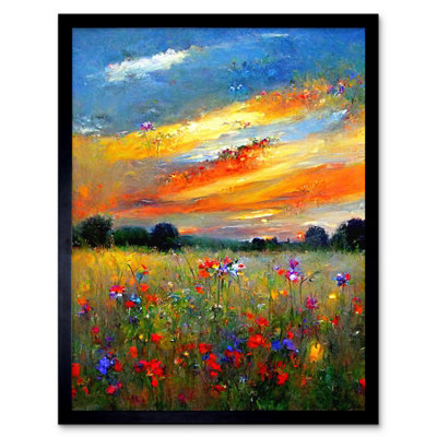 Artery8 Framed Wall Art Sunset Wildflower Peaceful Summer Meadow Oil Painting12X16 Inch from B&Q