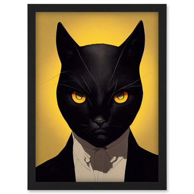Artery8 Le Chat Noir Black Cat Tuxedo Yellow Portrait Wall Art PrintA4 Size from B&Q