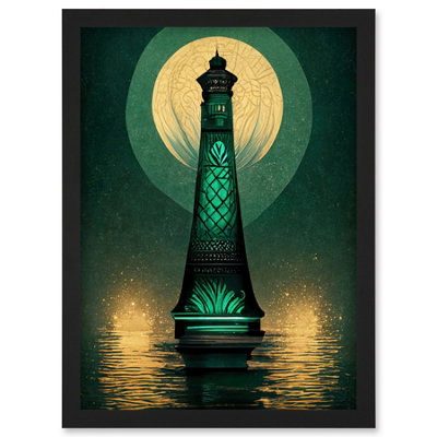 B&Q -  Art Deco Lighthouse Great Gatsby Moonlight Emerald Wall Art PrintA4 Size