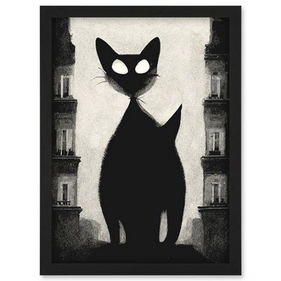 Artery8 Giant Black Cat Le Chat Noir City Monochrome Illustration Wall Art PrintA4 Size from B&Q