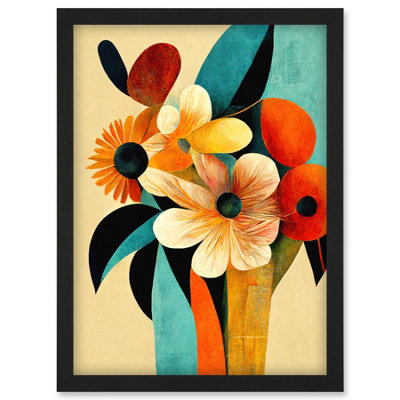 Artery8 Vibrant Modern Abstract Oil Painting Summer Flower Bouquet Teal Orange Wall Art PrintA4 Size from B&Q