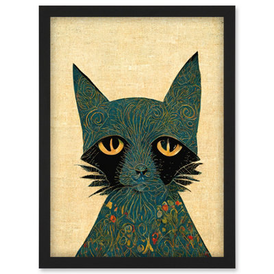 Artery8 William Morris Style Floral Blue Cat Wall Art PrintA4 Size