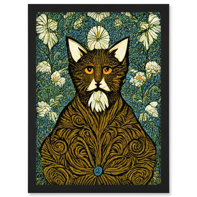 Artery8 Floral Paisley Illustrated Golden Cat William Morris Wall Art PrintA4 Size from B&Q