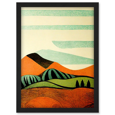 Artery8 Abstract Eclectic Tangerine And Olive Countryside Linocut Illustration Wall Art PrintA4 Size from B&Q
