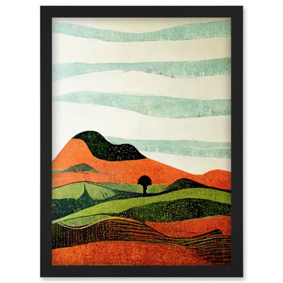Artery8 Abstract Eclectic Tangerine And Olive Nature Landscape Linocut Illustration Wall Art PrintA4 Size from B&Q