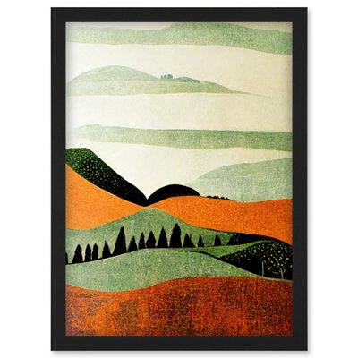 Artery8 Abstract Eclectic Tangerine And Olive Nature Landscape Linocut Minimalism Drawing Wall Art PrintA4 Size from B&Q