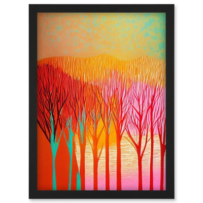 Artery8 Forest Treetops Linocut Illustration Vibrant Bold Wall Art PrintA4 Size from B&Q