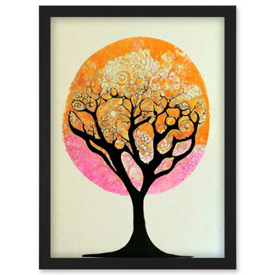 B&Q -  Tranquil Tree Silhouette Abstract Illustration Enchanted Linocut Wall Art PrintA4 Size