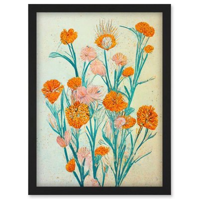 Artery8 Boho Marigold Flowers Teal Orange Painting Wall Art PrintA4 Size from B&Q