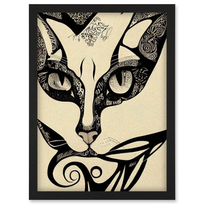 Artery8 Abstract Boho Portrait Cat Sketch Cat Tribal Intricate Wall Art PrintA4 Size from B&Q