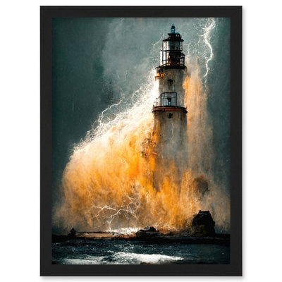 Artery8 Lighthouse Storm French Coastline Lightning Hurricane Wall Art PrintA4 Size from B&Q