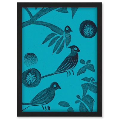 Artery8 Linocut Vintage Blue Birds Jungle Pattern Illustration Teal Wall Art PrintA4 Size from B&Q