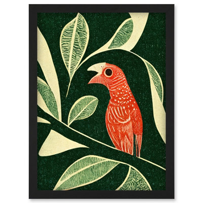 Artery8 Red Parrot On Tree Branch Vintage Linocut Illustration Wall Art PrintA4 Size from B&Q