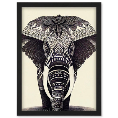 Artery8 Illustration Of Elephant With Tribal Patterns Black And White Wall Art PrintA4 Size from B&Q