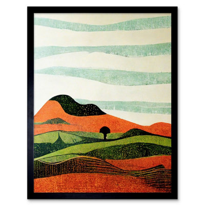 Artery8 Framed Wall Art Abstract Eclectic Tangerine And Olive Nature Landscape Linocut12X16 Inch from B&Q