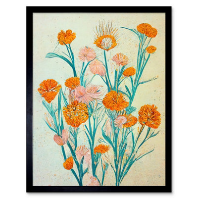 Artery8 Framed Wall Art Boho Marigold Flowers Teal Orange Painting12X16 Inch from B&Q