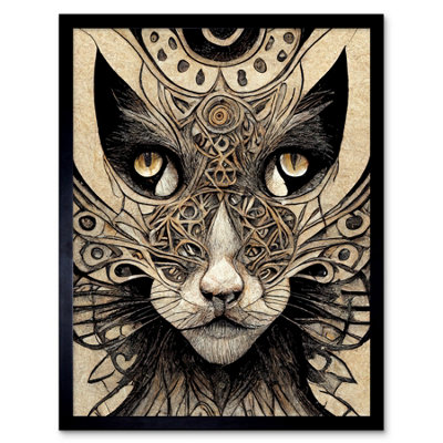 Artery8 Framed Wall Art Abstract Cat Face Close Up With Tribal Patterns Textured Mask12X16 Inch from B&Q