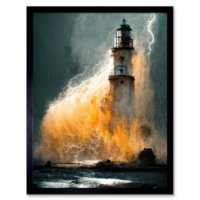 Artery8 Framed Wall Art Lighthouse Storm French Coastline Lightning Hurricane12X16 Inch from B&Q