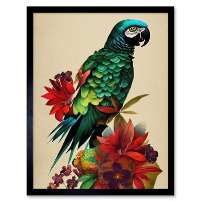 Artery8 Framed Wall Art Exotic Flowers And Feathers Macaw Parrot And Jungle Blooms12X16 Inch from B&Q