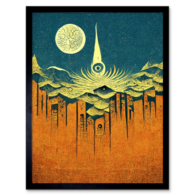 Artery8 Gold Framed Wall Art Conceptual Abstract Landscape Full Moon Linocut - 12X16 Inch