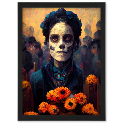 Artery8 Day Of Dead Skull Marigold Flowers Wall Art PrintA4 Size from B&Q