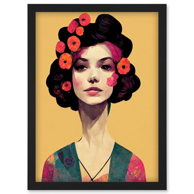 B&Q -  Elegant Vintage Boho Portrait Floral Hair Woman Wall Art PrintA4 Size