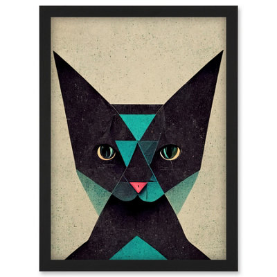 Artery8 Geometric Black Cat Teal Fun Quirky Wall Art PrintA4 Size from B&Q