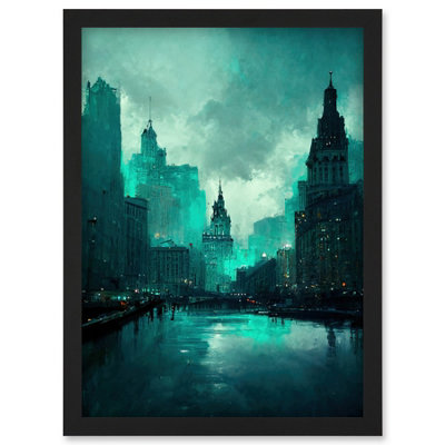 Artery8 Winter Teal New York Hudson River Cityscape Wall Art PrintA4 Size from B&Q