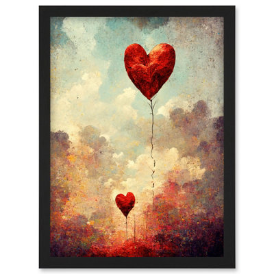 B&Q -  Modern Abstract Floating Red Love Heart Balloons Wall Art PrintA4 Size