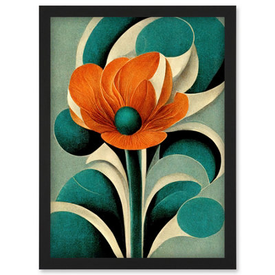 Artery8 Art Deco Poppy Flower Teal Orange Cream Wall Art PrintA4 Size from B&Q