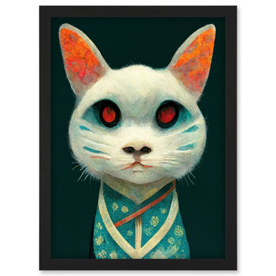 Artery8 Nihonga Kimono Cat Japan Illustration Wall Art PrintA4 Size from B&Q