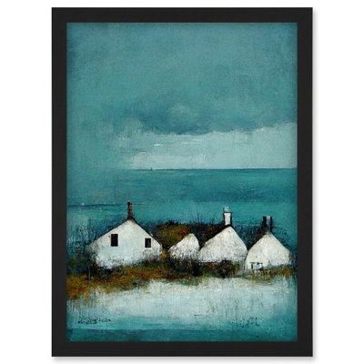 B&Q -  Scottish Seascape White Cottages On Teal Wall Art PrintA4 Size