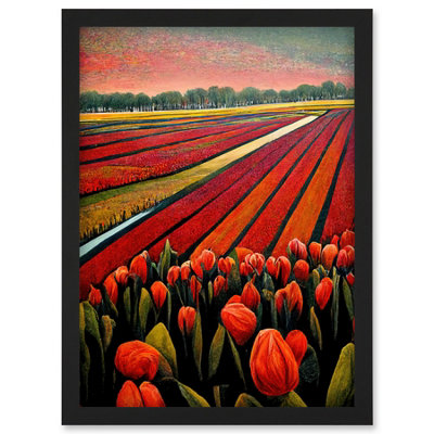 B&Q -  Red Tulip Fields Of Holland Netherlands Modern Oil Wall Art PrintA4 Size