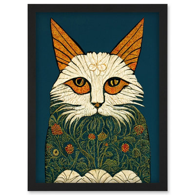 Artery8 Melancholy Moggie Cat Illustration William Morris Style Teal Gold Wall Art PrintA4 Size from B&Q