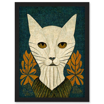 Artery8 Elegant Cat Illustration William Morris Style Teal Mustard Wall Art PrintA4 Size from B&Q