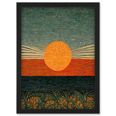 Artery8 William Morris Style Sunrise Over Sea Abstract Wall Art PrintA4 Size