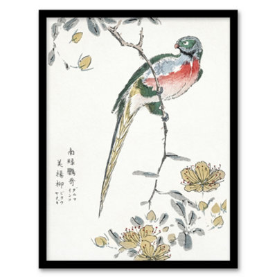Artery8 Numata Kashu Framed Wall Art Print Macaw Parrot And Peach FlowersA4 Size