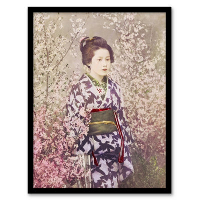 Artery8 Ogawa Kazumasa Framed Wall Art Print Geisha And Cherry Blossom - A4 Size
