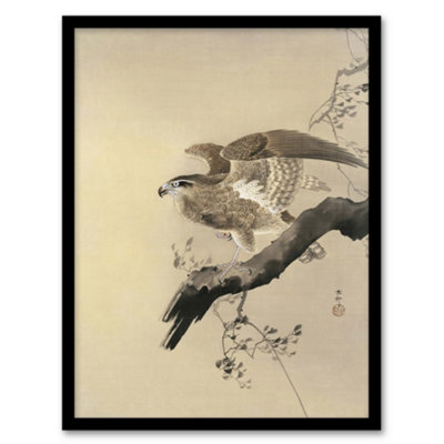 B&Q -  Ohara Koson Framed Wall Art Print Hawk Bird Of Prey On Tree BranchA4 Size