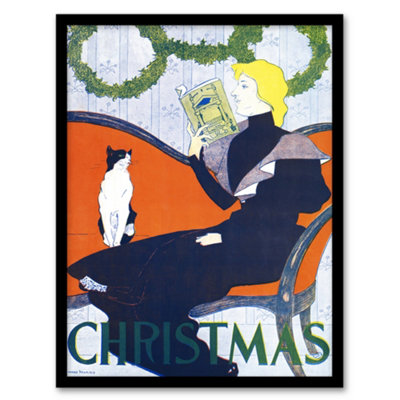 B&Q -  Edward Penfield Framed Wall Art Vintage Christmas Woman With CatA4 Size