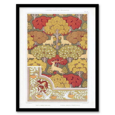 Artery8 Maurice Pillard Verneuil Framed Wall Art Stag Deer Trees PatternA4 Size