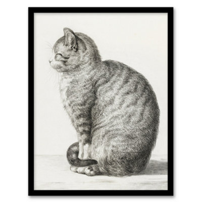 B&Q -  Jean Bernard Framed Wall Art Print Sitting Smiling Cat Pencil DrawingA4 Size
