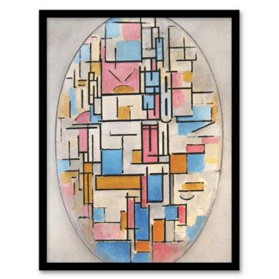 Artery8 Piet Mondrian Framed Wall Art Composition In Oval With Color Planes - A4 Size