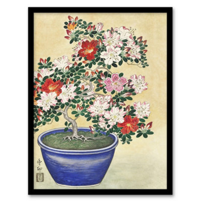 B&Q -  Ohara Koson Framed Wall Art Print Blooming Azalea In Blue PotA3 Size