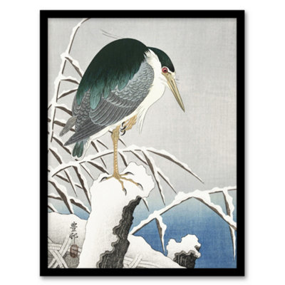 B&Q -  Ohara Koson Framed Wall Art Print Heron In Snow Vintage Bird UkiyoeA3 Size