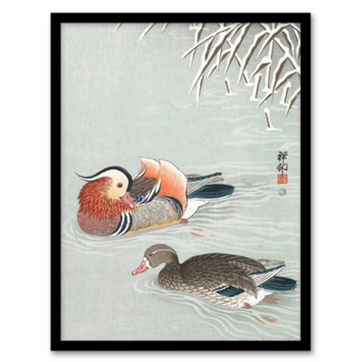 Artery8 Ohara Koson Framed Wall Art Print Two Mandarin Ducks In SnowA3 Size